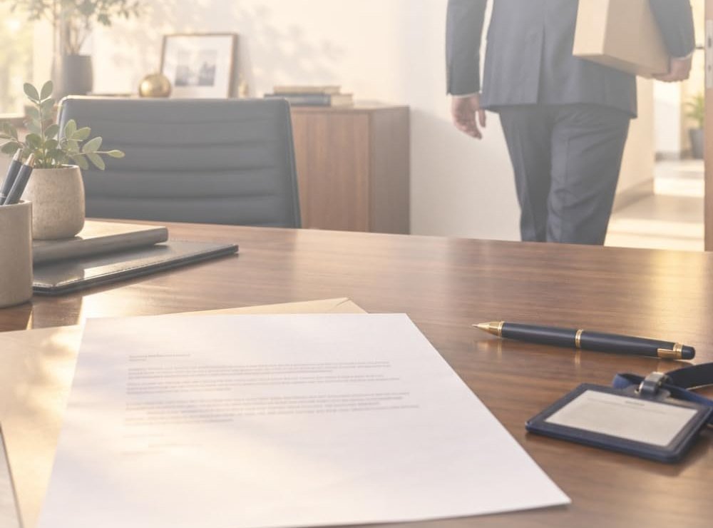 Schreibtisch mit Kündigungsschreiben und Kugelschreiber, im Hintergrund verlässt ein Mann mit Karton das Büro